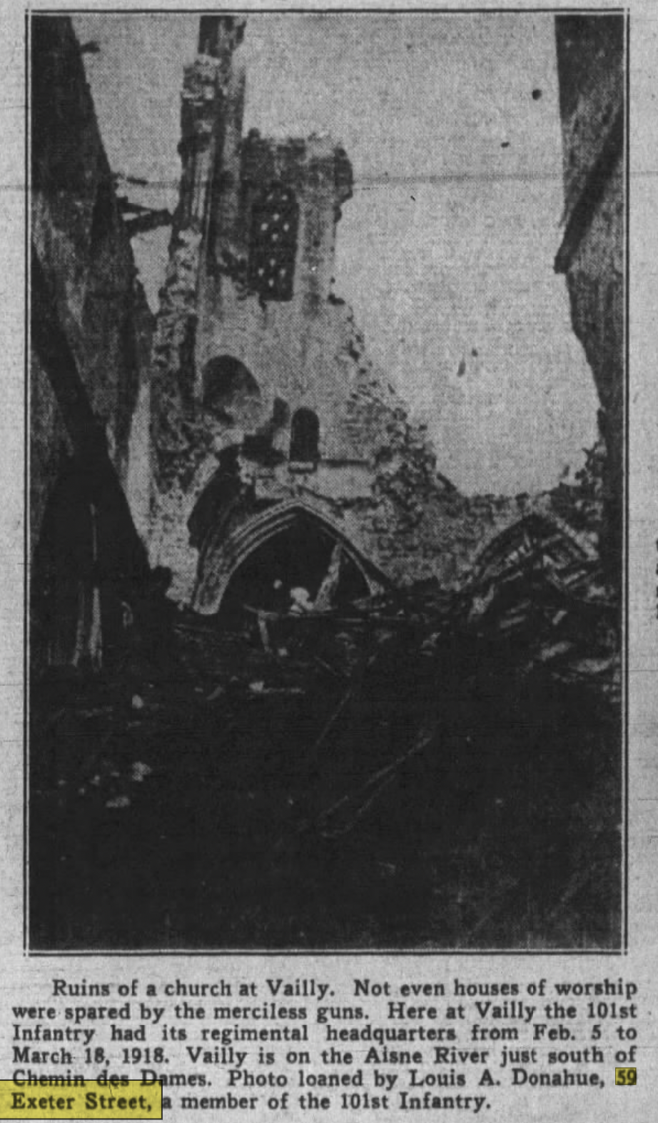War-damaged cathedral at Vailly, Aisne–Marne sector