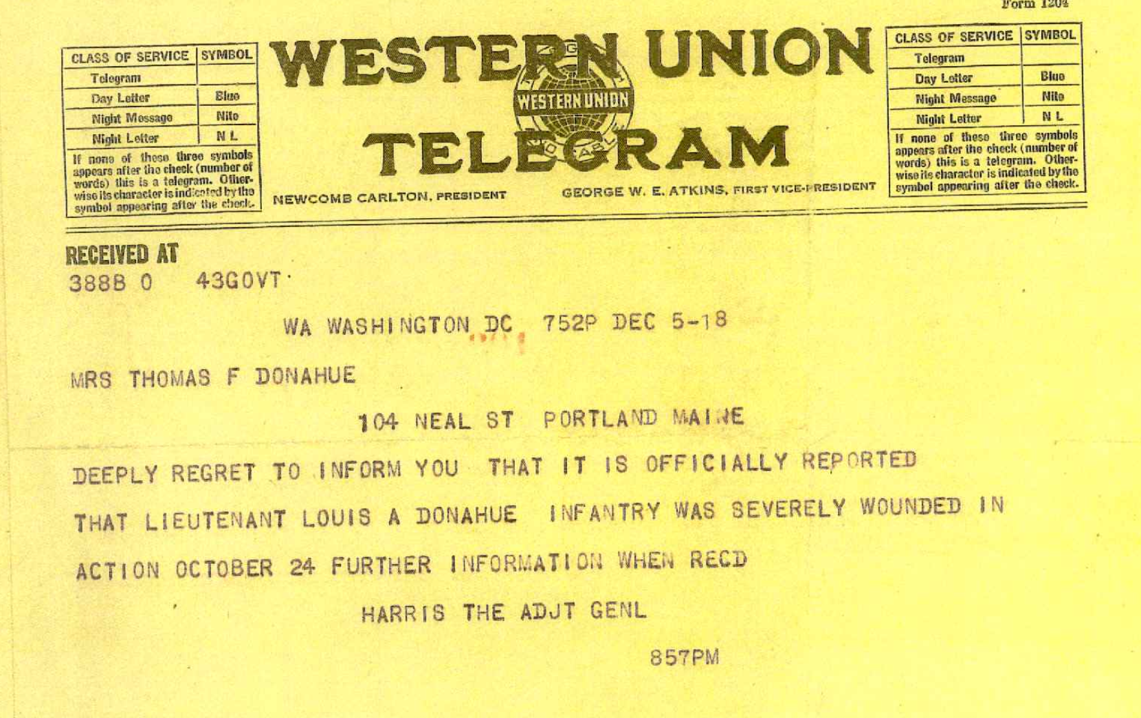 Telegram to Bessie Donahue notifying her of Louis’s wounds